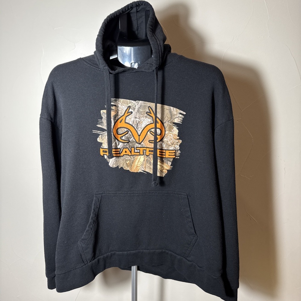 Realtree Hoodie Mens XL Black Camo Lined Hood Pullover Kangaroo Pocket